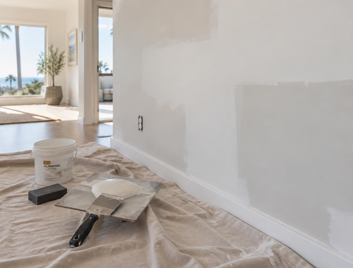 Freshly patched drywall with finishing tools on a drop cloth