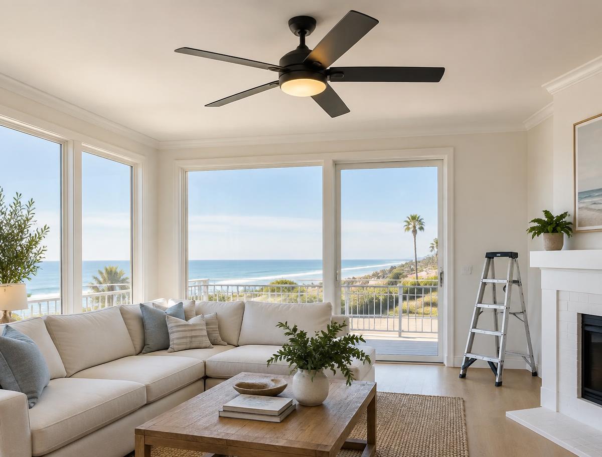 Newly installed ceiling fan in a bright coastal living room with ocean view